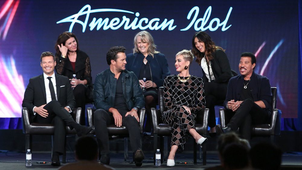 Mandatory Credit: Photo by David Buchan/Variety/REX/Shutterstock (9310286f)
Jennifer Mullin, Trish Kinane, Megan Michaels Wolflick, Ryan Seacrest, Luke Bryan, Katy Perry and Lionel Richie
ABC 'American Idol' TV show panel, TCA Winter Press Tour, Los Angeles, USA - 08 Jan 2018