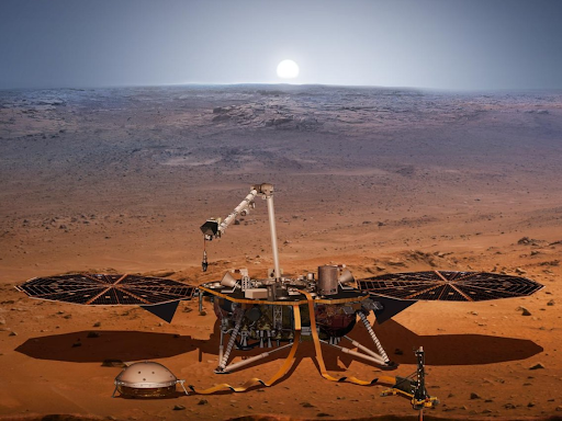 Illustration of the InSight craft on Mars. Courtesy of NASA-JPL Caltech. 
