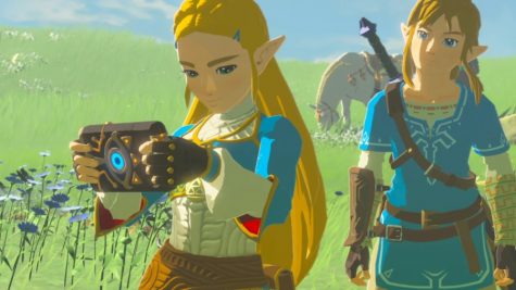 Link and Zelda study the Silent Princess flower with the Sheikah-Slate