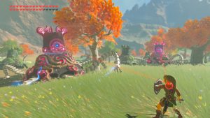 Link fighting two guardians