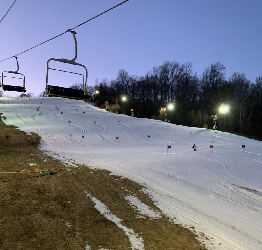 Photo taken from the chairlift as the skiers head up the mountain for their time trials.