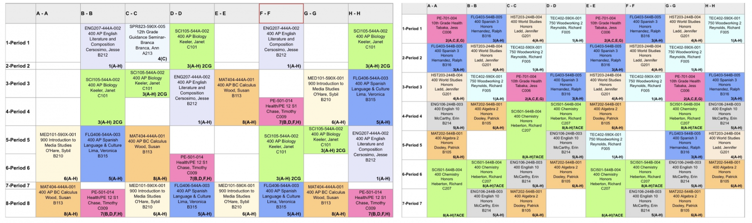 A side-to-side picture of a sample student block schedule versus a sample student old schedule