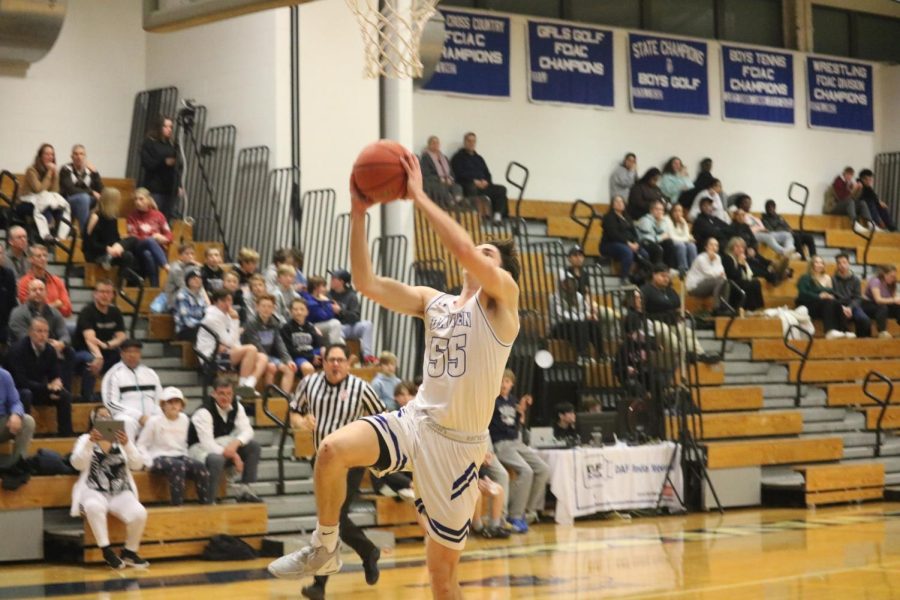 Jake Hendrickson going up for the score Tuesday Night inside the Main Gym