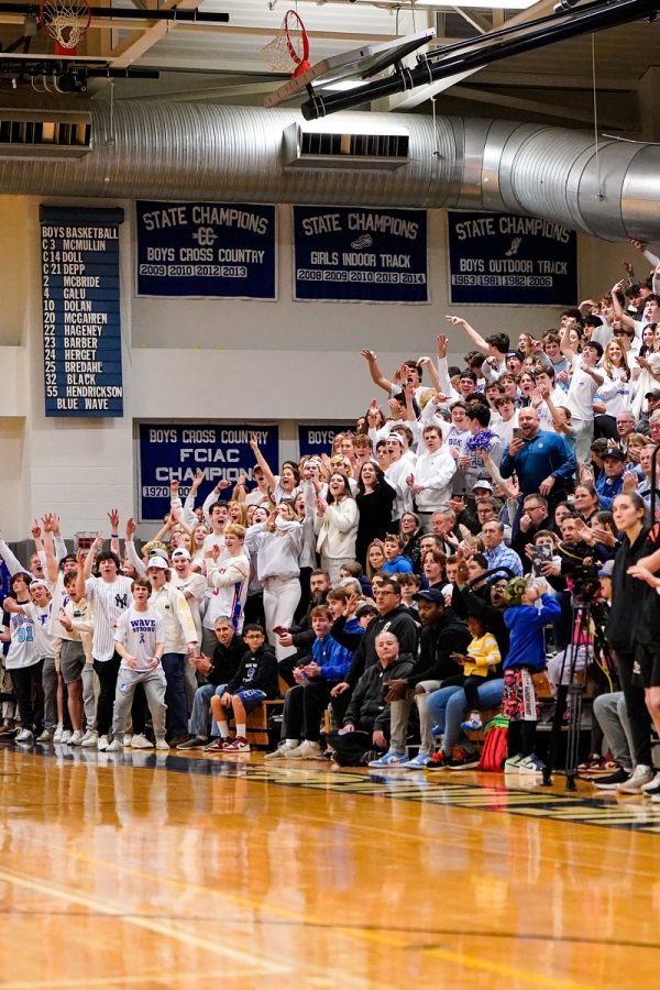 The packed Darien High School Main Gym bleachers during the Wave Strong Community basketball games against New Canaan.