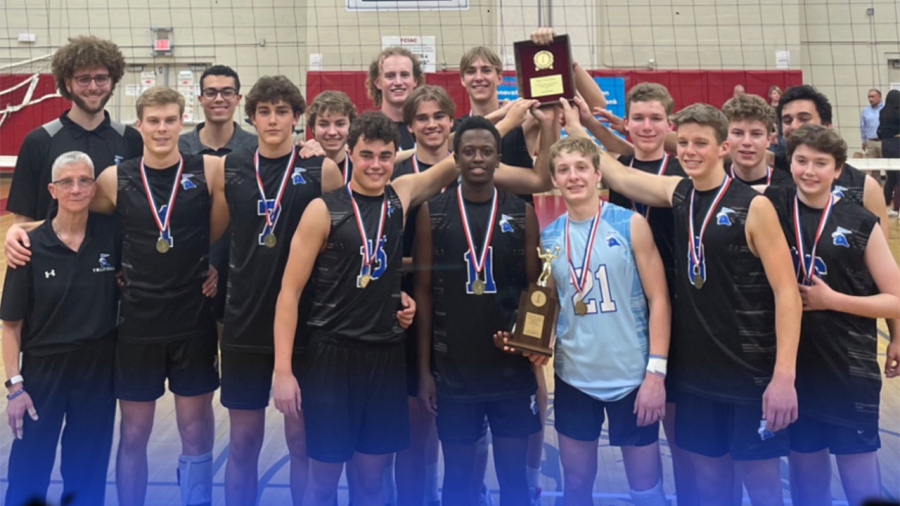 The+2023+FCIAC+Boys+Volleyball+Champions+the+Darien+Blue+Wave.+The+trophy+celebration+at+Fairfield+Warde+High+School.