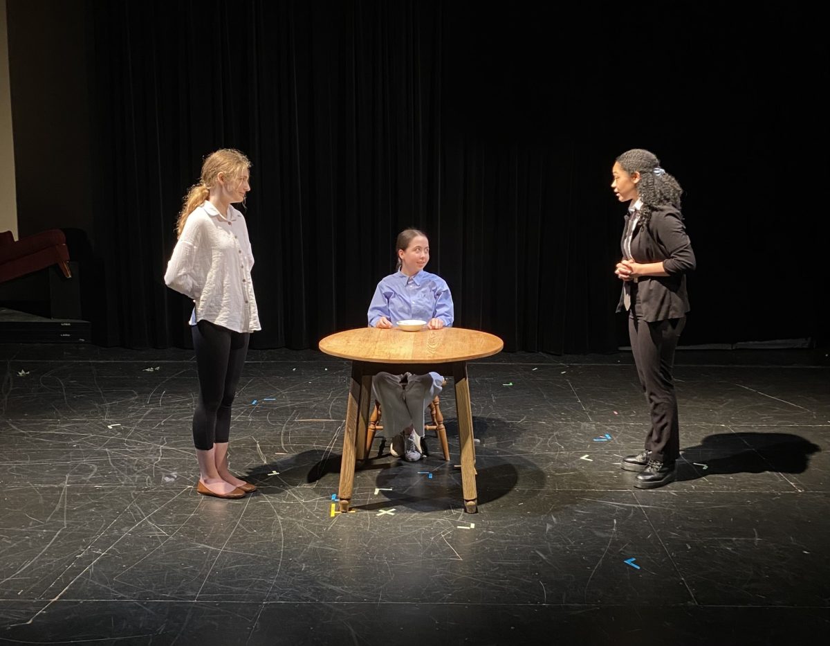 Sophomores Lily Grace Maher, Fiona Collins, and Cassy Medrano in La Mouche written by Stephen Bittrich and directed by a member of the Class of 2023, Ellie Best