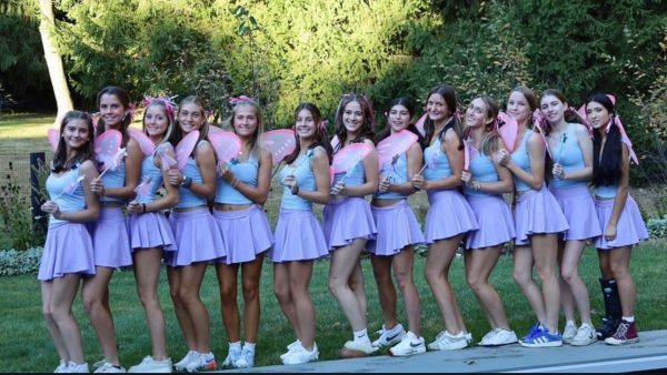 Senior Girls on Varsity Soccer dressed as Abby Cadabby from Sesame Street