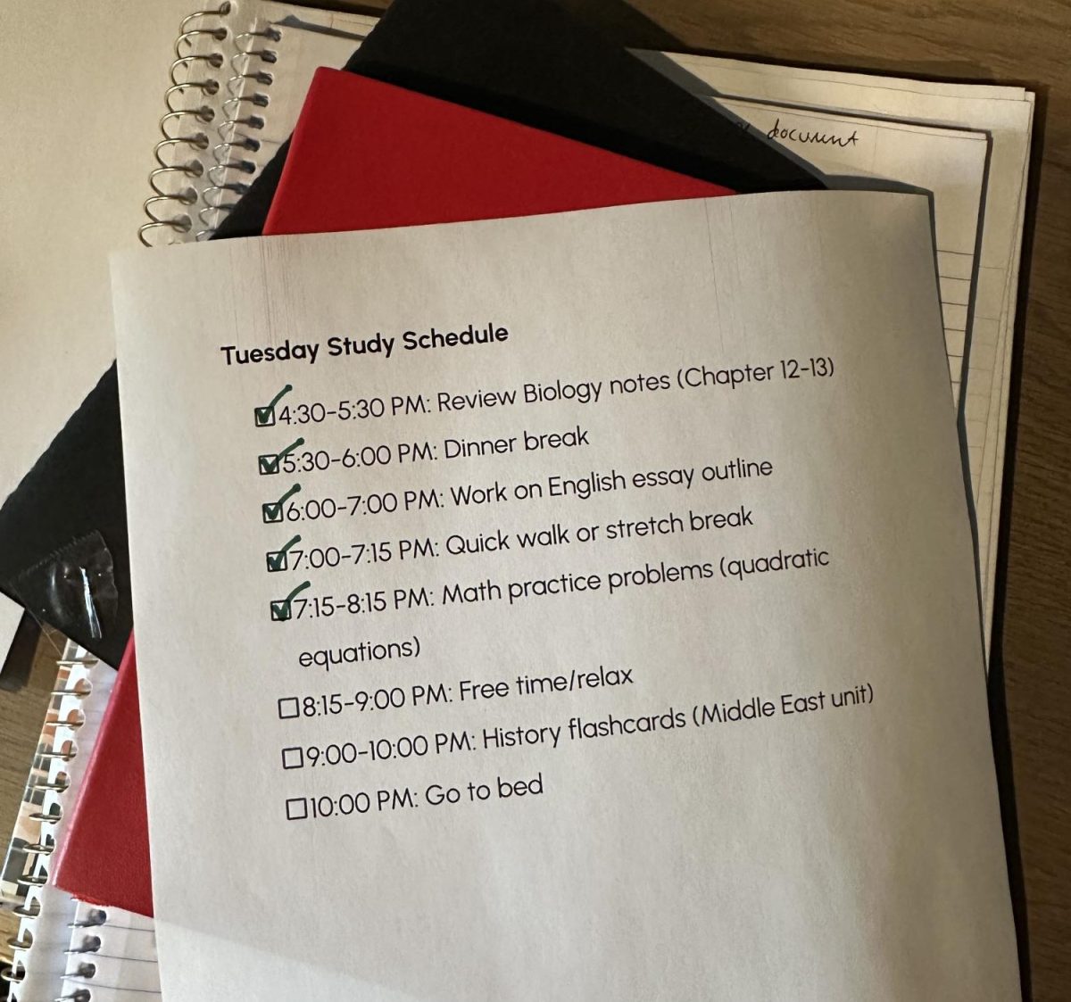 A sample study schedule for a Tuesday afternoon after school that is realistic and includes breaks. 
