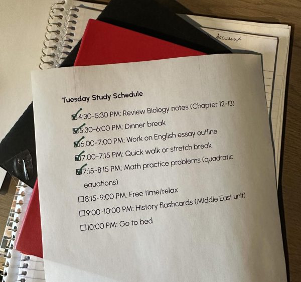 A sample study schedule for a Tuesday afternoon after school that is realistic and includes breaks. 