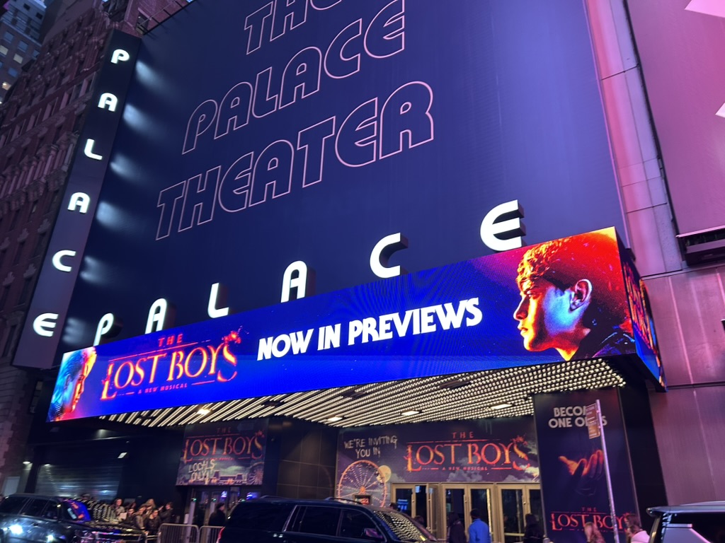 The marquee of the Palace Theater, where The Lost Boys is currently playing