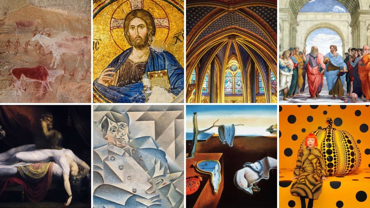 A compilation of distinct art styles, from the Italian Renaissance to Picasso's Cubism, that repeat in everything we see today.